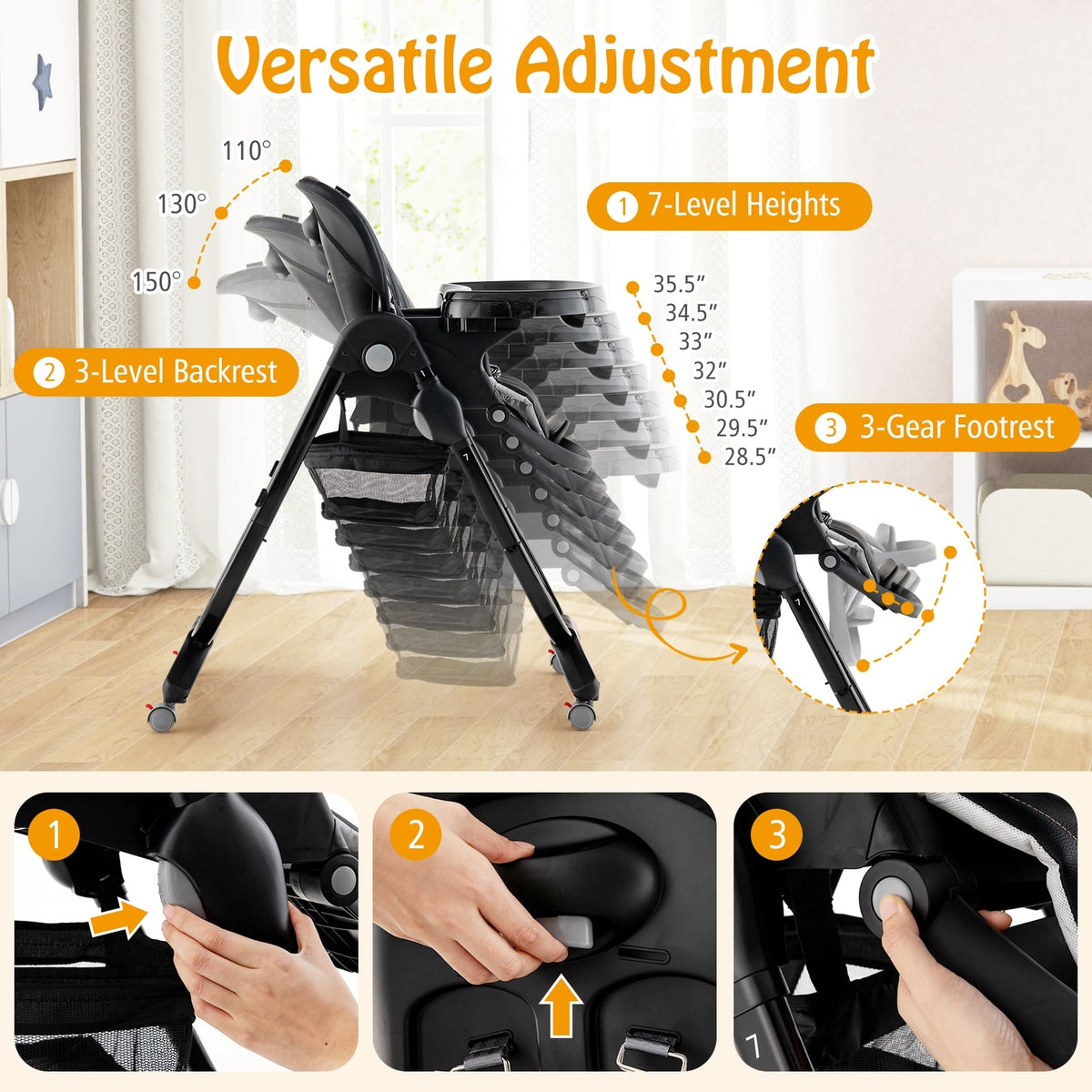 Multifunctional Folding Baby High Chair with Rolling Wheels and Adjustable Height-Black-High Chairs-DECOROLALA