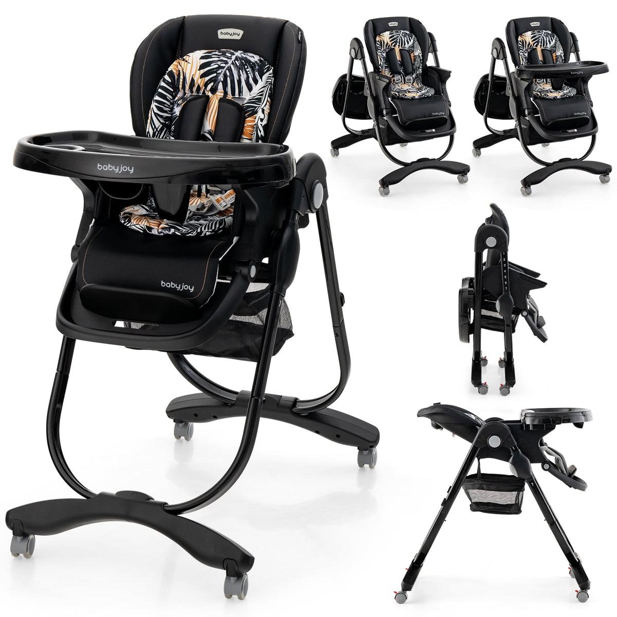 Multifunctional Folding Baby High Chair with Rolling Wheels and Adjustable Height-Black-High Chairs-DECOROLALA