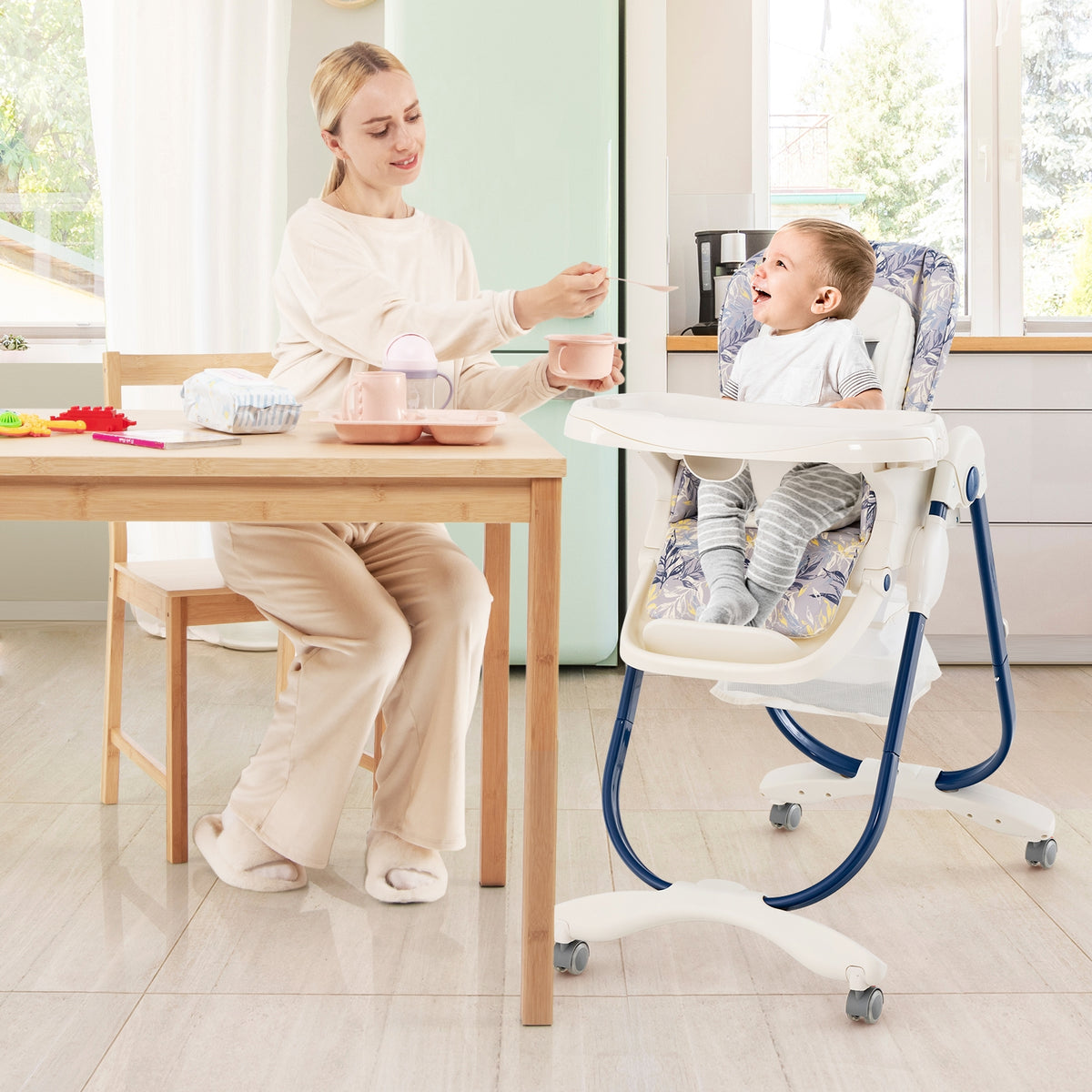 Multifunctional Folding Baby High Chair with Rolling Wheels and Adjustable Height-Navy-High Chairs-DECOROLALA