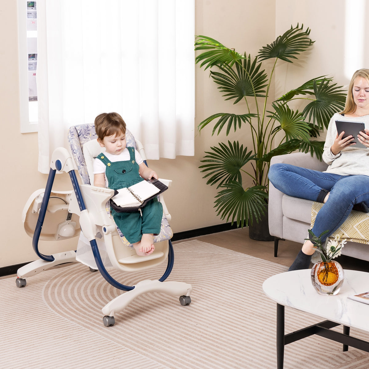 Multifunctional Folding Baby High Chair with Rolling Wheels and Adjustable Height-Navy-High Chairs-DECOROLALA