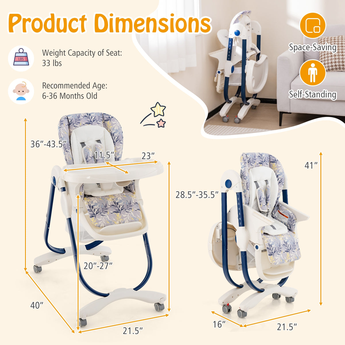 Multifunctional Folding Baby High Chair with Rolling Wheels and Adjustable Height-Navy-High Chairs-DECOROLALA