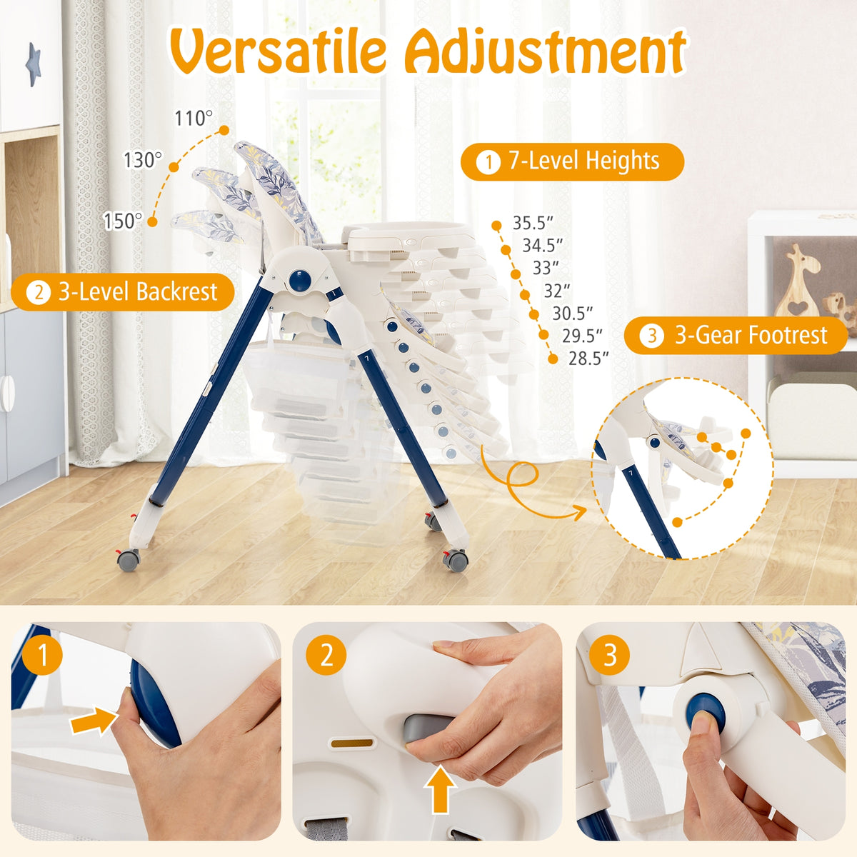 Multifunctional Folding Baby High Chair with Rolling Wheels and Adjustable Height-Navy-High Chairs-DECOROLALA
