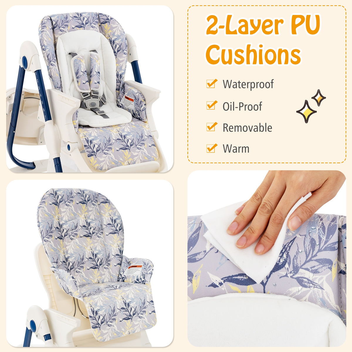 Multifunctional Folding Baby High Chair with Rolling Wheels and Adjustable Height-Navy-High Chairs-DECOROLALA