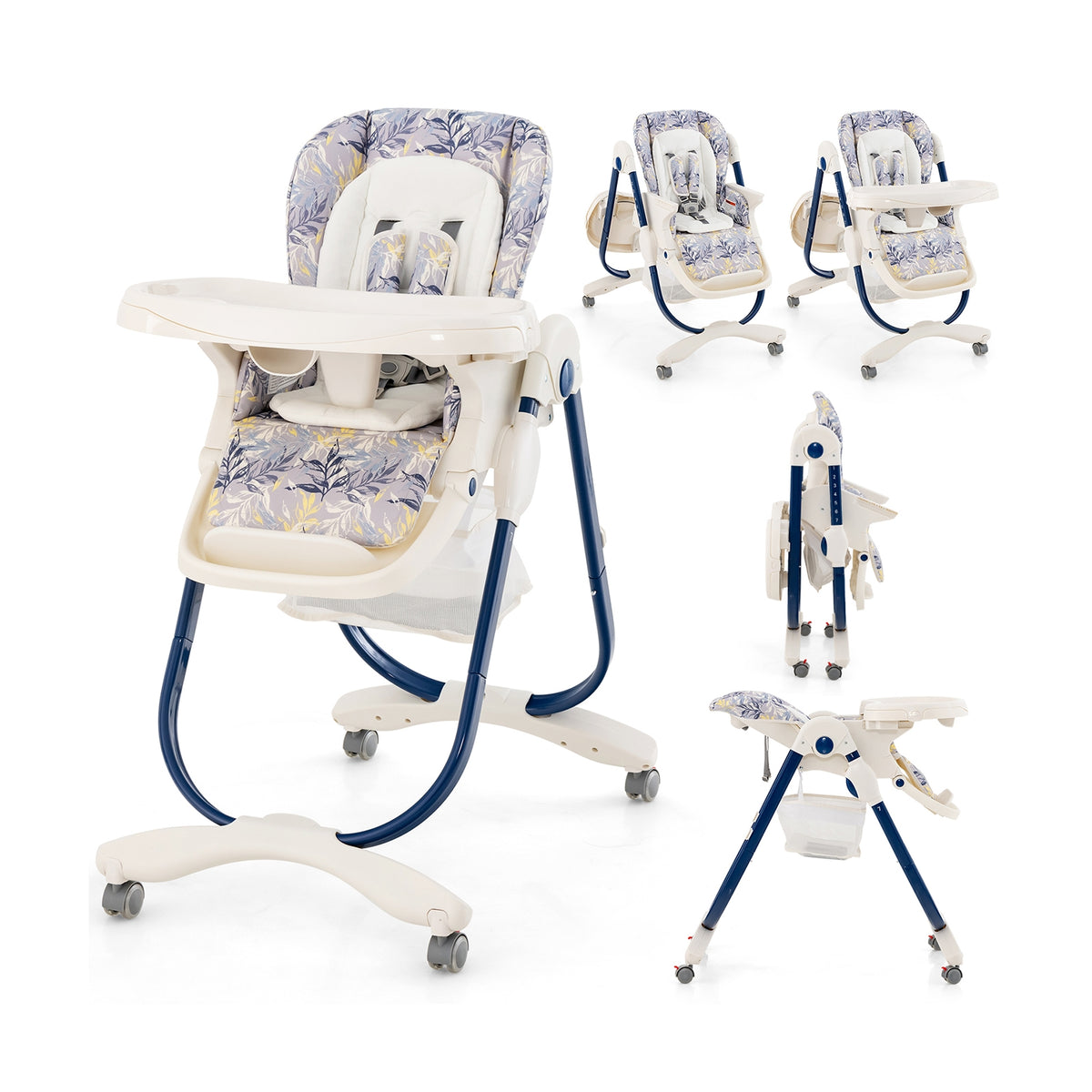 Multifunctional Folding Baby High Chair with Rolling Wheels and Adjustable Height-Navy-High Chairs-DECOROLALA