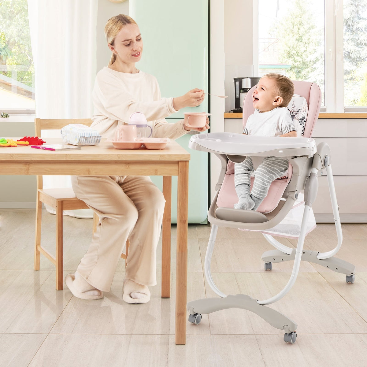 Multifunctional Folding Baby High Chair with Rolling Wheels and Adjustable Height-Pink-High Chairs-DECOROLALA
