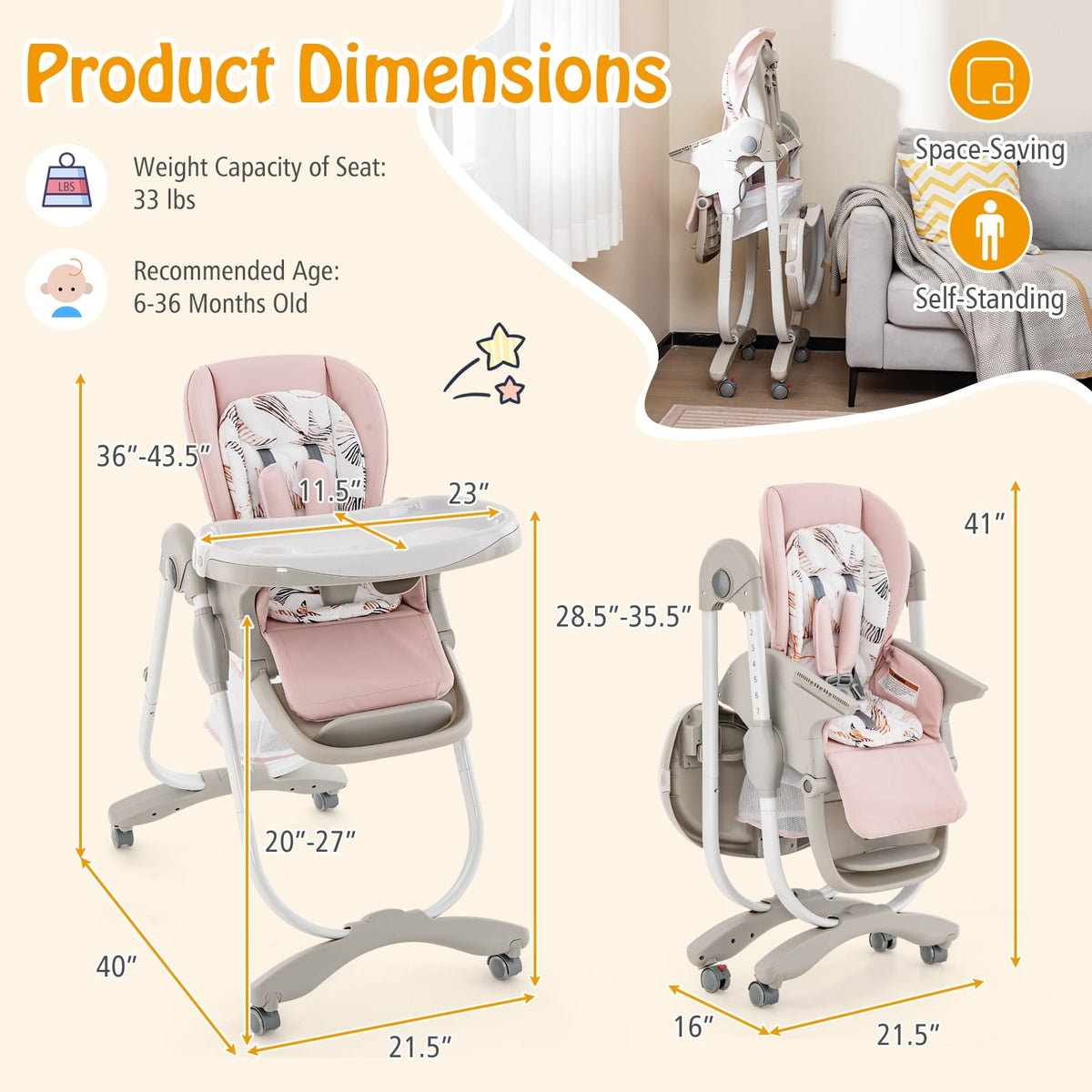 Multifunctional Folding Baby High Chair with Rolling Wheels and Adjustable Height-Pink-High Chairs-DECOROLALA