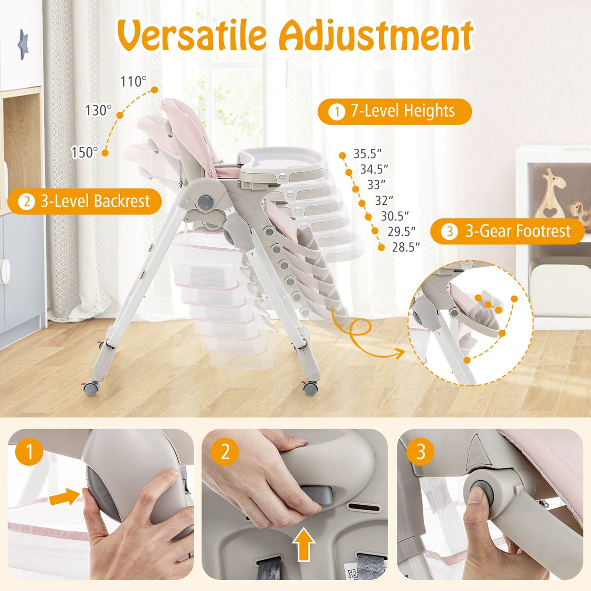Multifunctional Folding Baby High Chair with Rolling Wheels and Adjustable Height-Pink-High Chairs-DECOROLALA