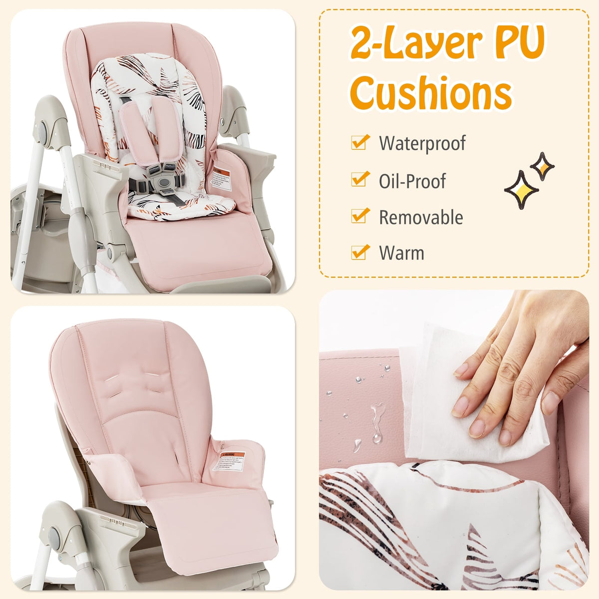Multifunctional Folding Baby High Chair with Rolling Wheels and Adjustable Height-Pink-High Chairs-DECOROLALA