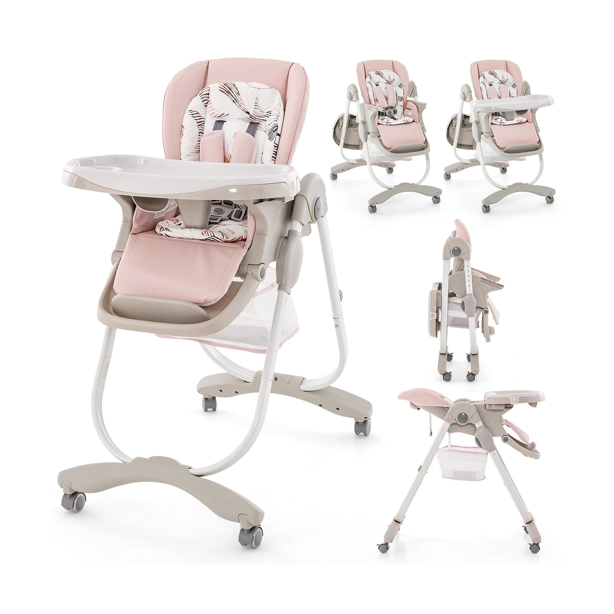 Multifunctional Folding Baby High Chair with Rolling Wheels and Adjustable Height-Pink-High Chairs-DECOROLALA