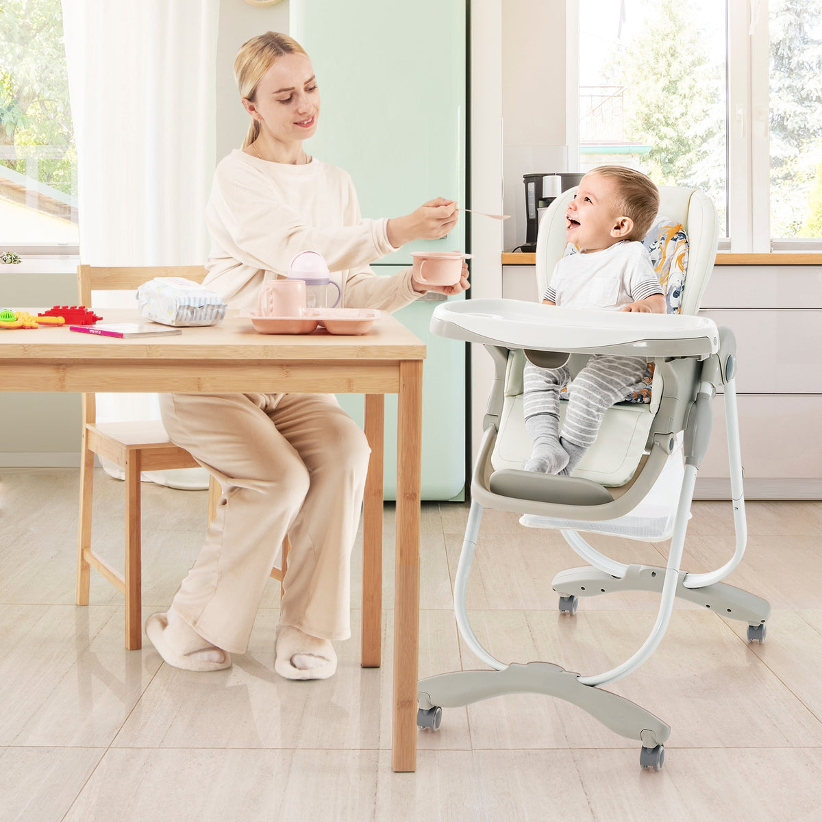 Multifunctional Folding Baby High Chair with Rolling Wheels and Adjustable Height-White-High Chairs-DECOROLALA