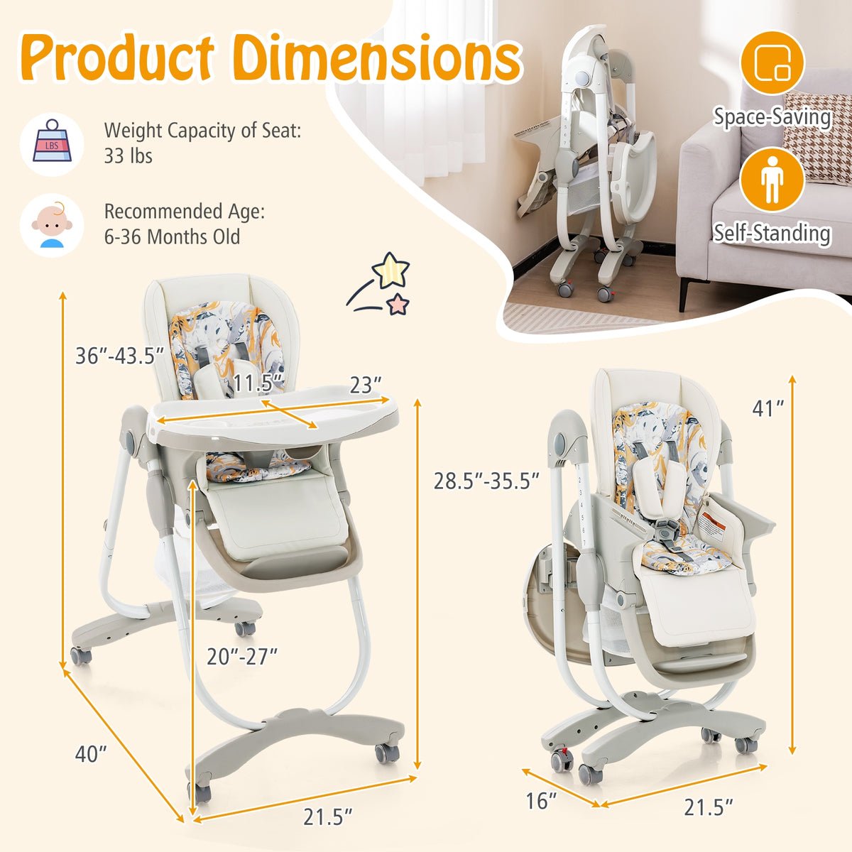 Multifunctional Folding Baby High Chair with Rolling Wheels and Adjustable Height-White-High Chairs-DECOROLALA