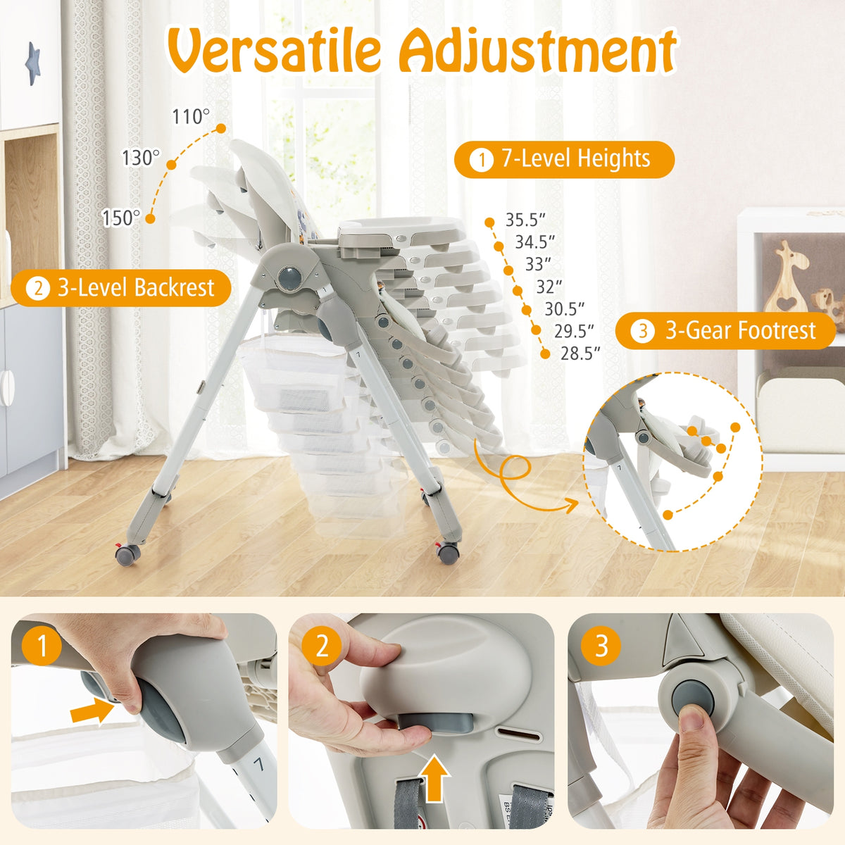Multifunctional Folding Baby High Chair with Rolling Wheels and Adjustable Height-White-High Chairs-DECOROLALA