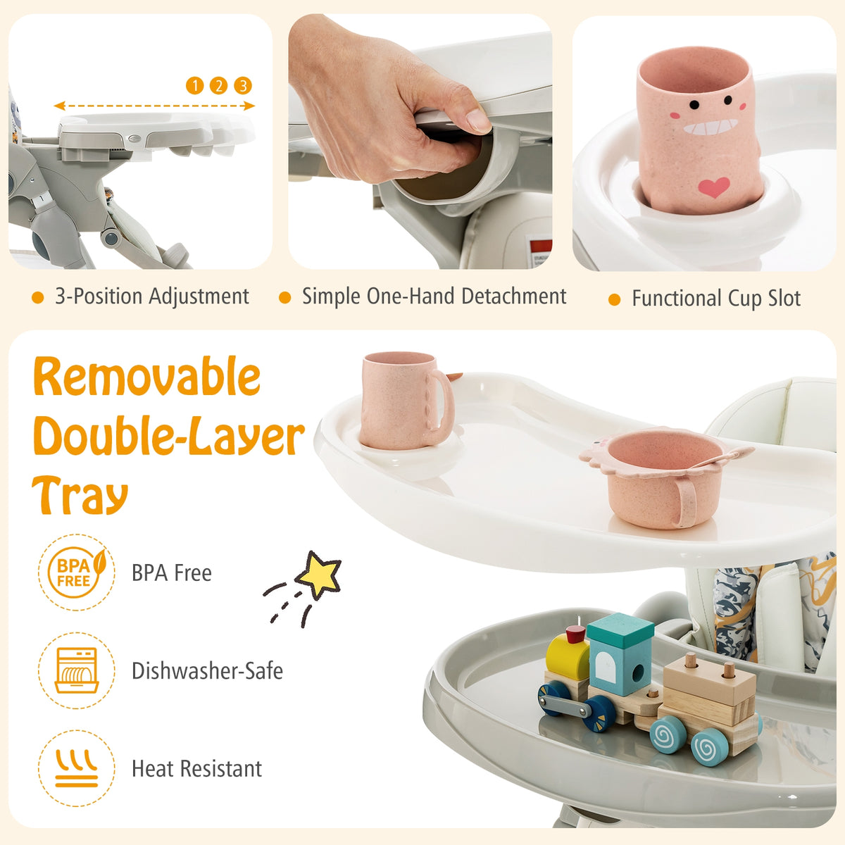 Multifunctional Folding Baby High Chair with Rolling Wheels and Adjustable Height-White-High Chairs-DECOROLALA