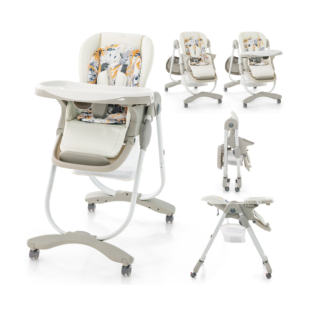 Multifunctional Folding Baby High Chair with Rolling Wheels and Adjustable Height-White-High Chairs-DECOROLALA