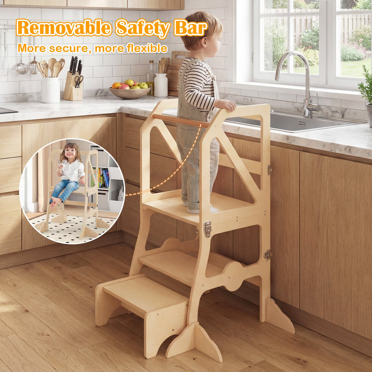 Multifunctional Kids Kitchen Step Stool with Removable Safety Bar and Fixing Buckles-Kids Furniture-DECOROLALA