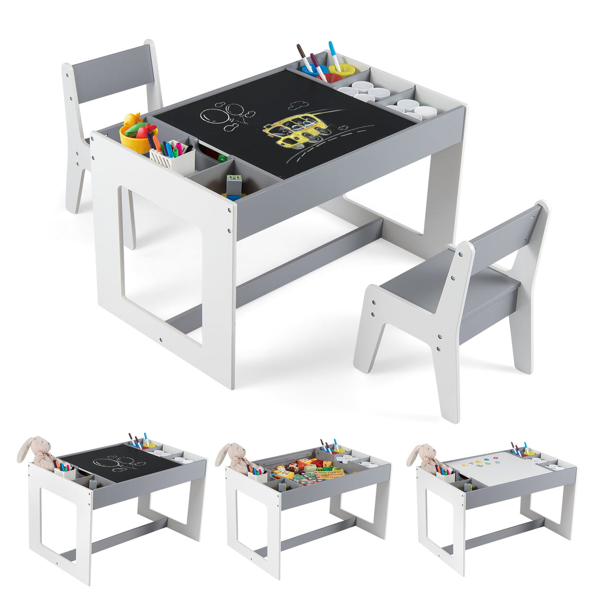 Multifunctional Kids Table and 2 Chairs Set with Chalkboard-Gray-Kids Tables & Chair Sets-DECOROLALA