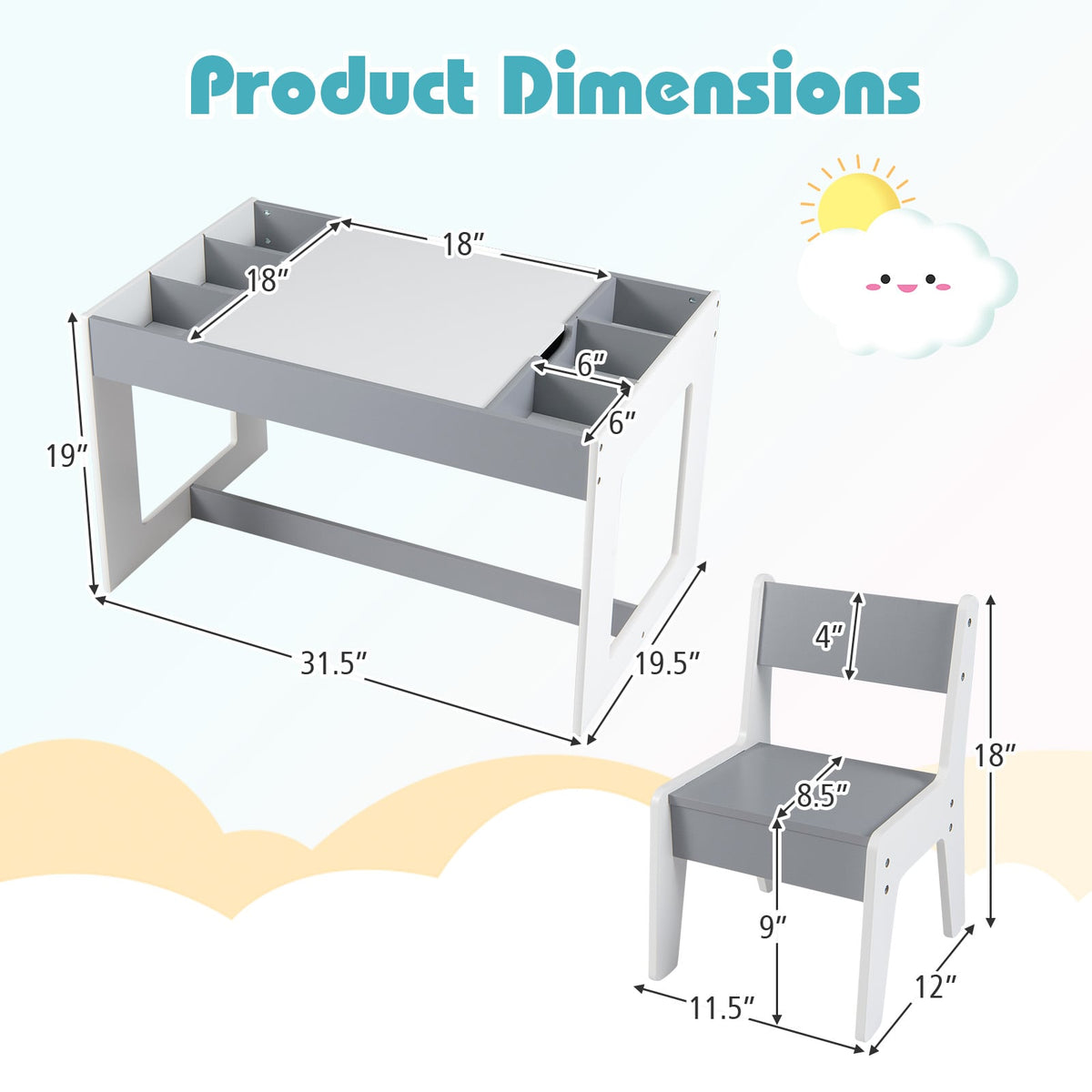 Multifunctional Kids Table and 2 Chairs Set with Chalkboard-Gray-Kids Tables & Chair Sets-DECOROLALA