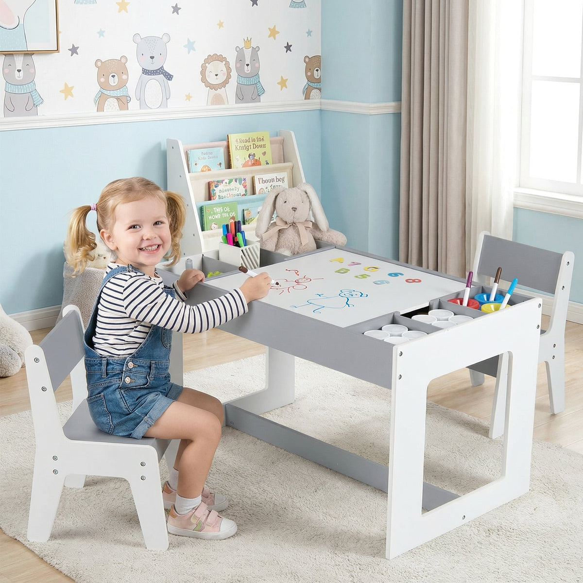 Multifunctional Kids Table and 2 Chairs Set with Chalkboard-Gray-Kids Tables & Chair Sets-DECOROLALA