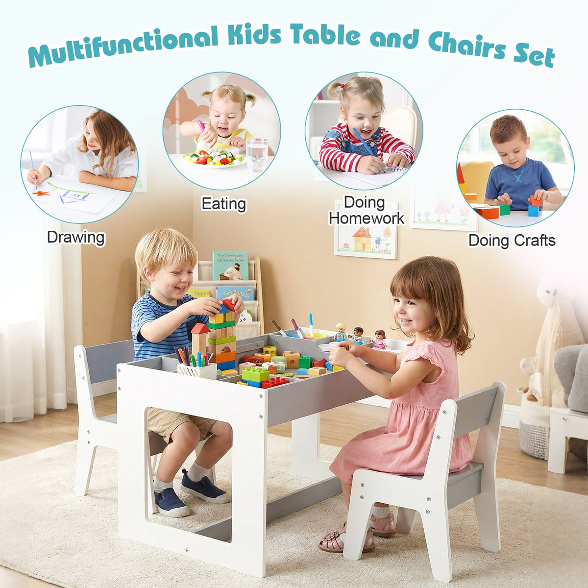 Multifunctional Kids Table and 2 Chairs Set with Chalkboard-Gray-Kids Tables & Chair Sets-DECOROLALA