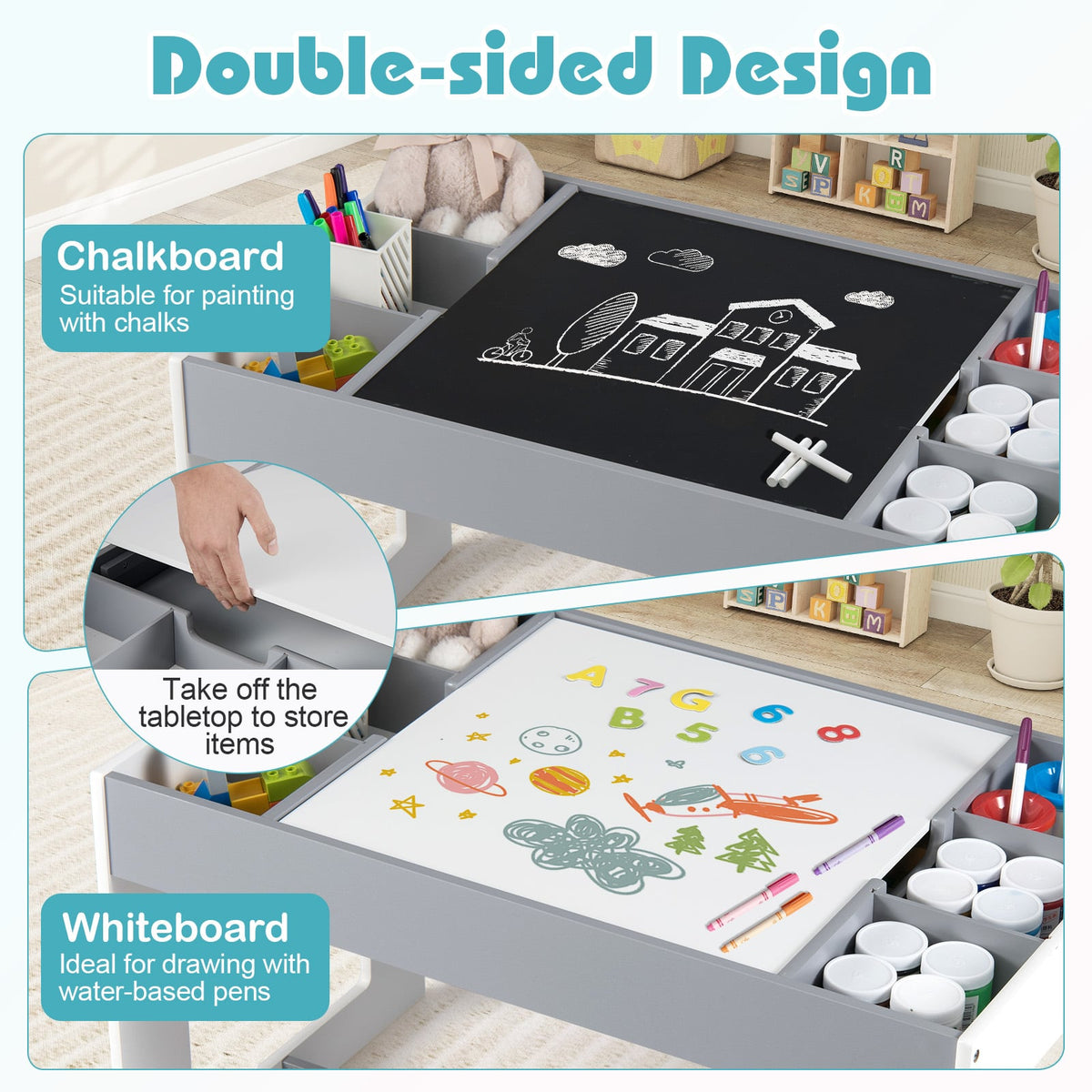 Multifunctional Kids Table and 2 Chairs Set with Chalkboard-Gray-Kids Tables & Chair Sets-DECOROLALA