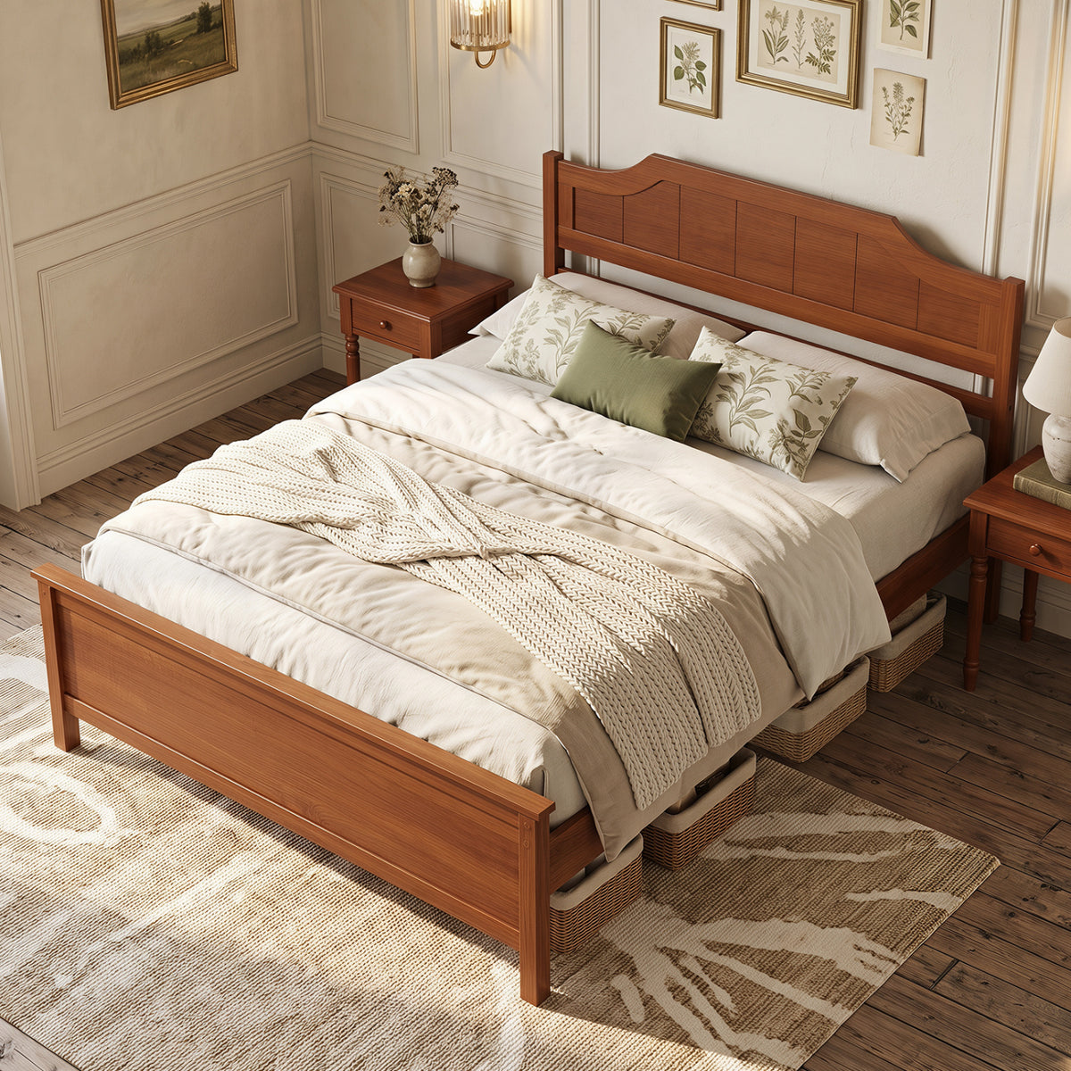 Multiple Size Solid Wood Platform Bed Frame with Headboard in Walnut-Beds & Bed Frames-DECOROLALA