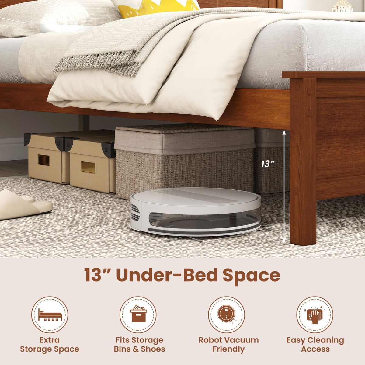Multiple Size Solid Wood Platform Bed Frame with Headboard in Walnut-Beds & Bed Frames-DECOROLALA