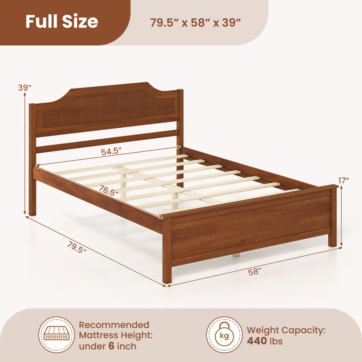 Multiple Size Solid Wood Platform Bed Frame with Headboard in Walnut-Beds & Bed Frames-DECOROLALA