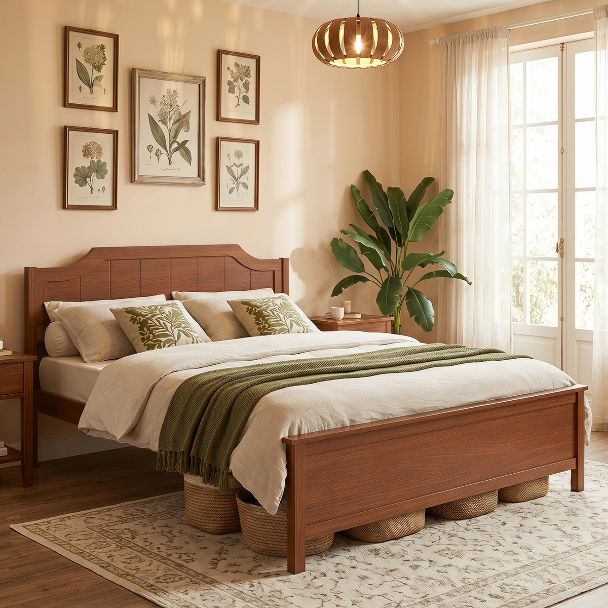 Multiple Size Solid Wood Platform Bed Frame with Headboard in Walnut-Beds & Bed Frames-DECOROLALA