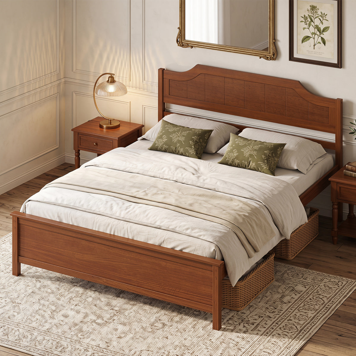 Multiple Size Solid Wood Platform Bed Frame with Headboard in Walnut-Beds & Bed Frames-DECOROLALA