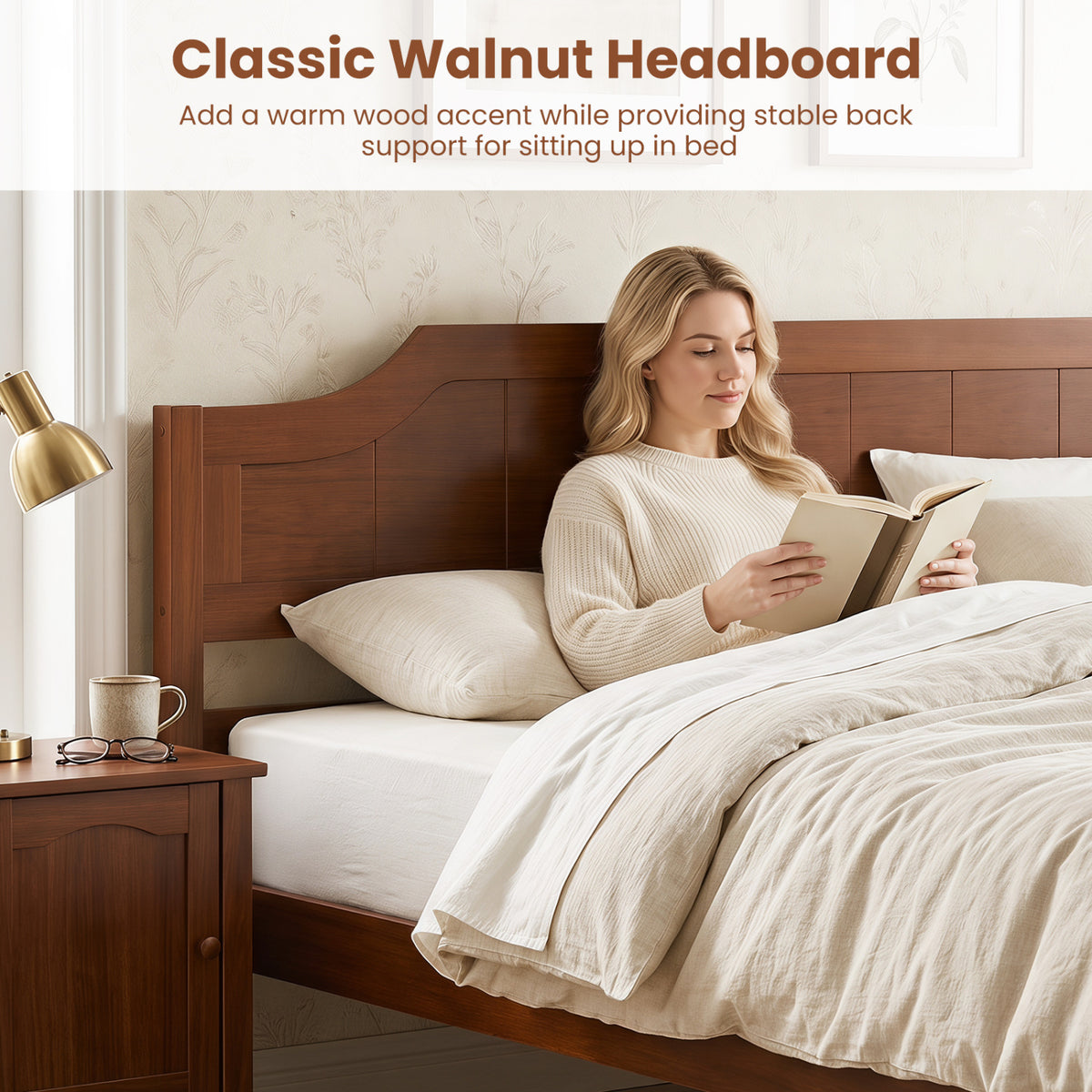 Multiple Size Solid Wood Platform Bed Frame with Headboard in Walnut-Beds & Bed Frames-DECOROLALA