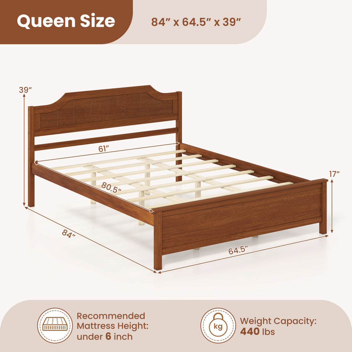 Multiple Size Solid Wood Platform Bed Frame with Headboard in Walnut-Beds & Bed Frames-DECOROLALA