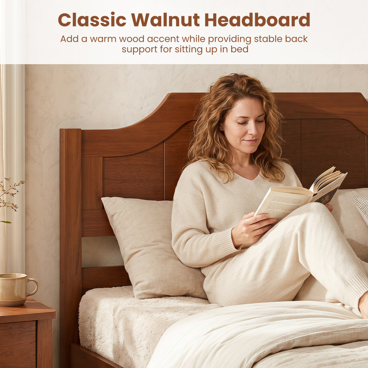 Multiple Size Solid Wood Platform Bed Frame with Headboard in Walnut-Beds & Bed Frames-DECOROLALA
