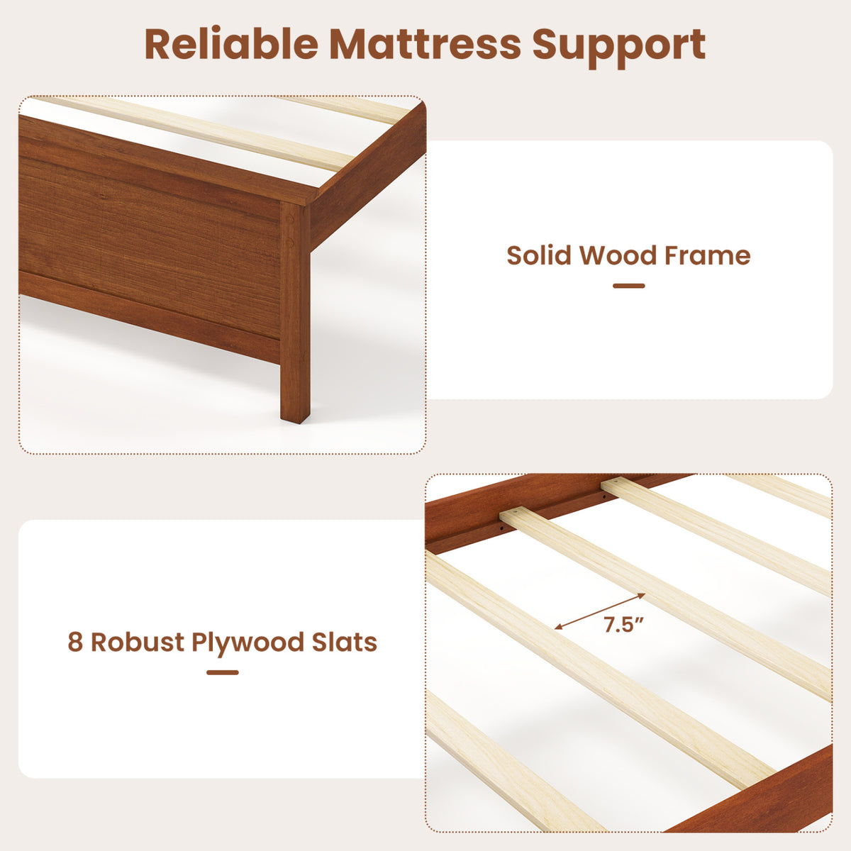 Multiple Size Solid Wood Platform Bed Frame with Headboard in Walnut-Beds & Bed Frames-DECOROLALA