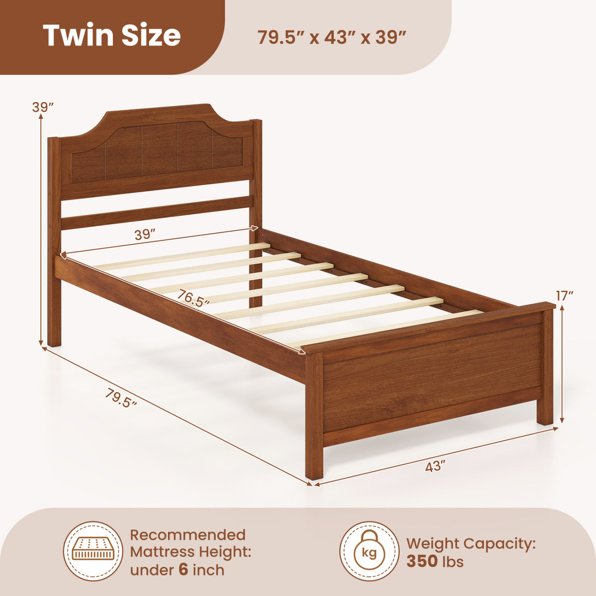 Multiple Size Solid Wood Platform Bed Frame with Headboard in Walnut-Beds & Bed Frames-DECOROLALA