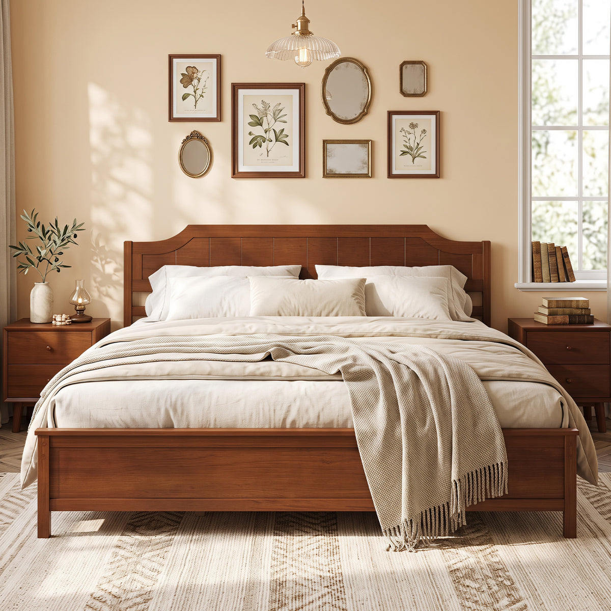 Multiple Size Solid Wood Platform Bed Frame with Headboard in Walnut-Beds & Bed Frames-DECOROLALA
