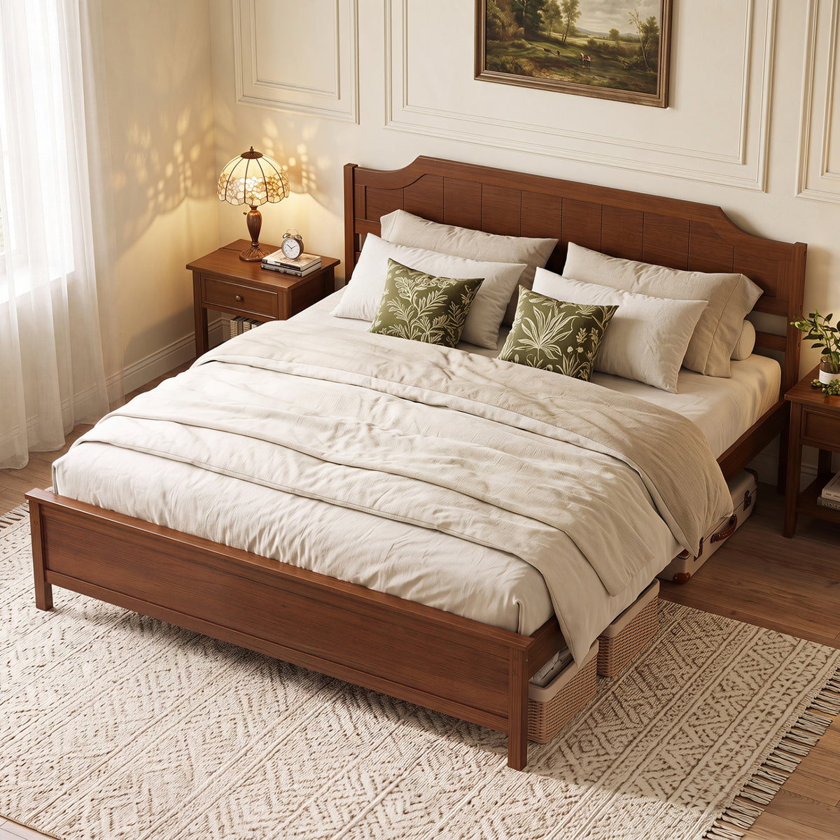 Multiple Size Solid Wood Platform Bed Frame with Headboard in Walnut-Beds & Bed Frames-DECOROLALA