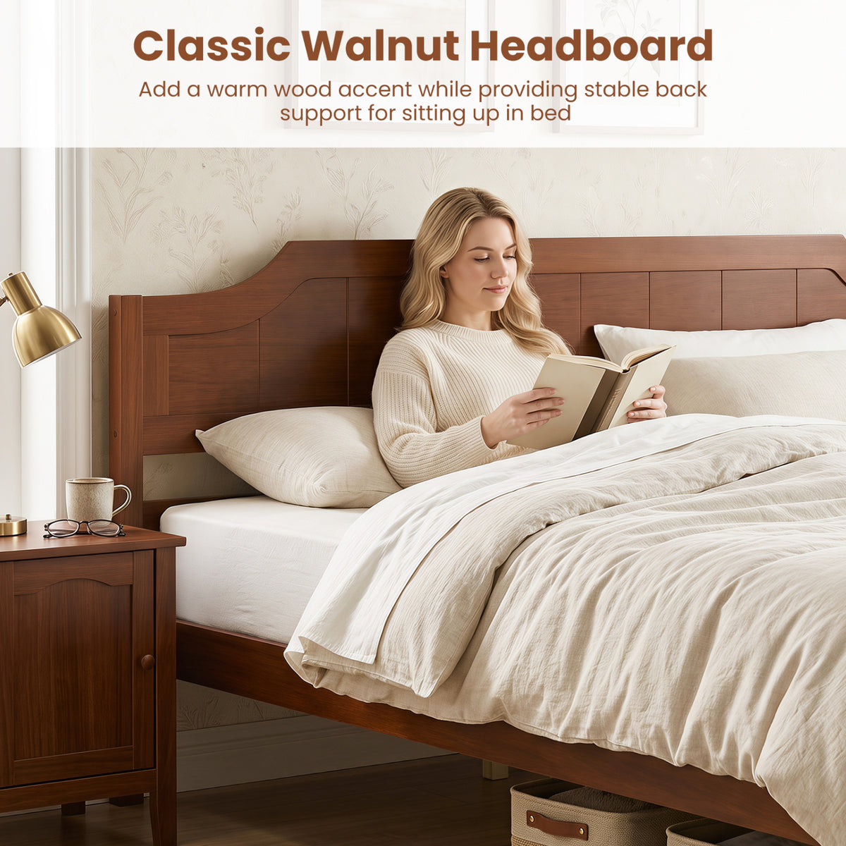 Multiple Size Solid Wood Platform Bed Frame with Headboard in Walnut-Beds & Bed Frames-DECOROLALA