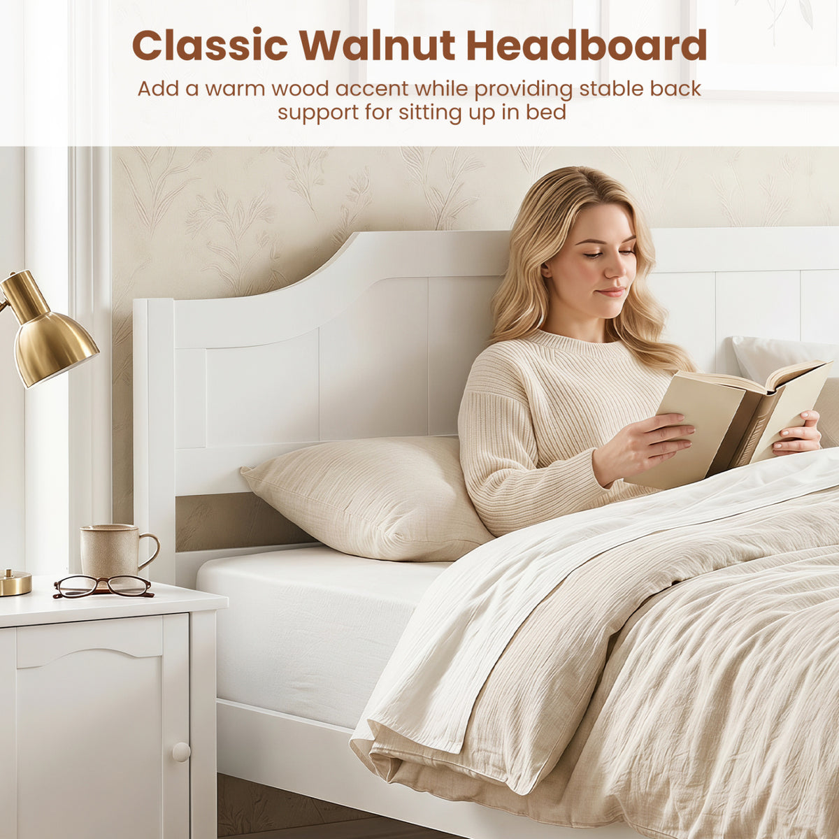 Multiple Size Solid Wood Platform Bed Frame with Headboard in White-Beds & Bed Frames-DECOROLALA