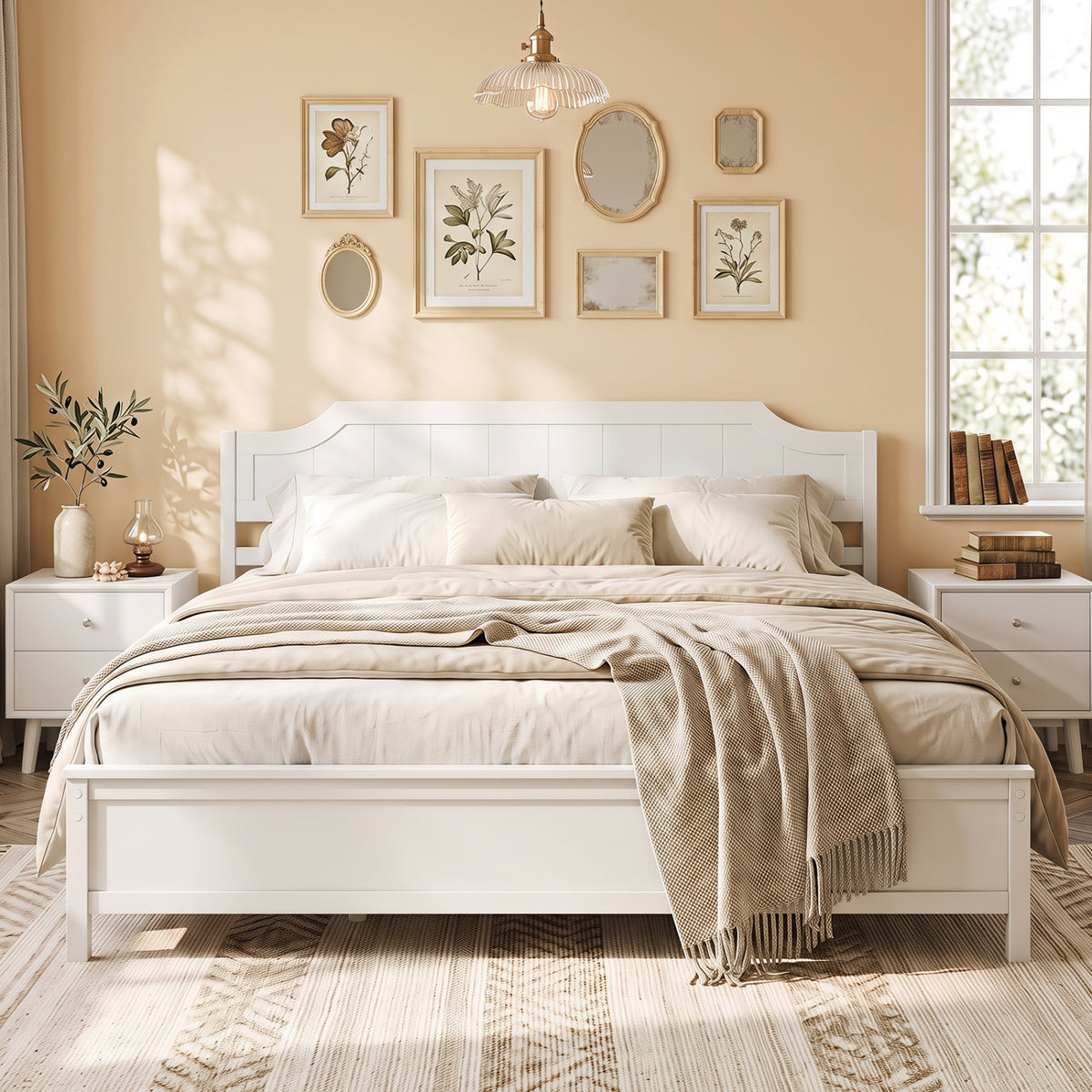 Multiple Size Solid Wood Platform Bed Frame with Headboard in White-Beds & Bed Frames-DECOROLALA