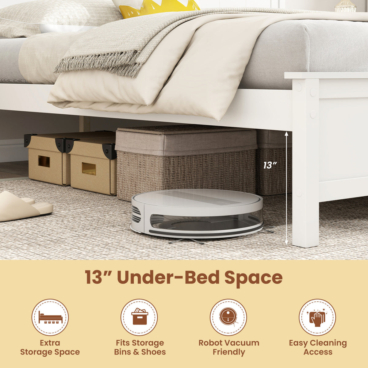 Multiple Size Solid Wood Platform Bed Frame with Headboard in White-Beds & Bed Frames-DECOROLALA