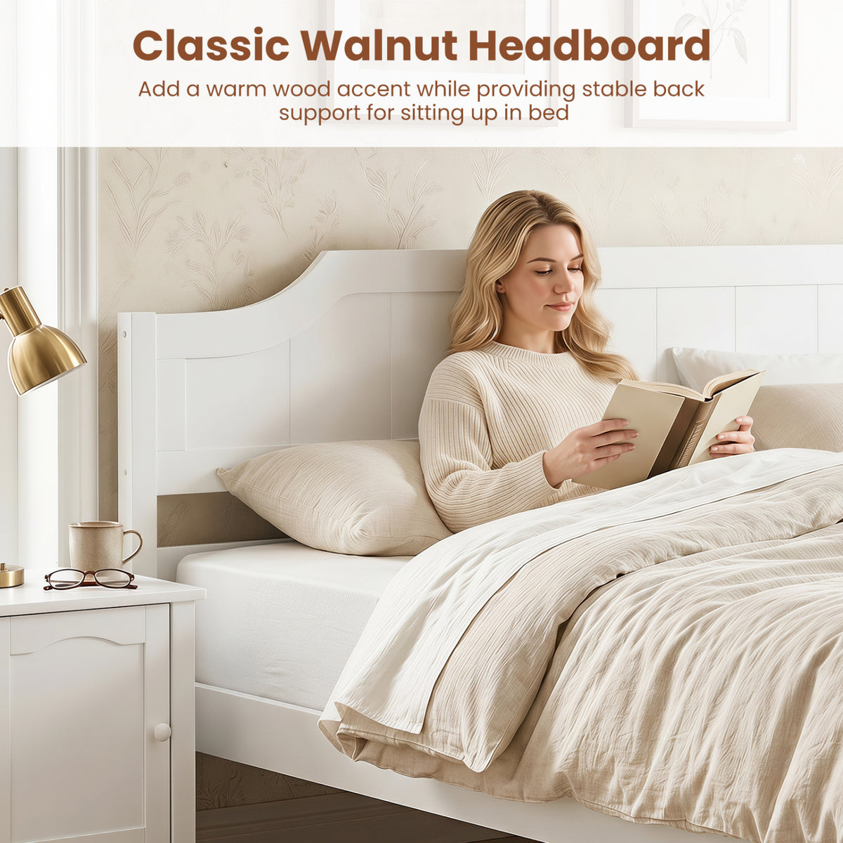Multiple Size Solid Wood Platform Bed Frame with Headboard in White-Beds & Bed Frames-DECOROLALA