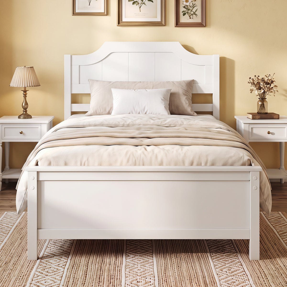 Multiple Size Solid Wood Platform Bed Frame with Headboard in White-Beds & Bed Frames-DECOROLALA