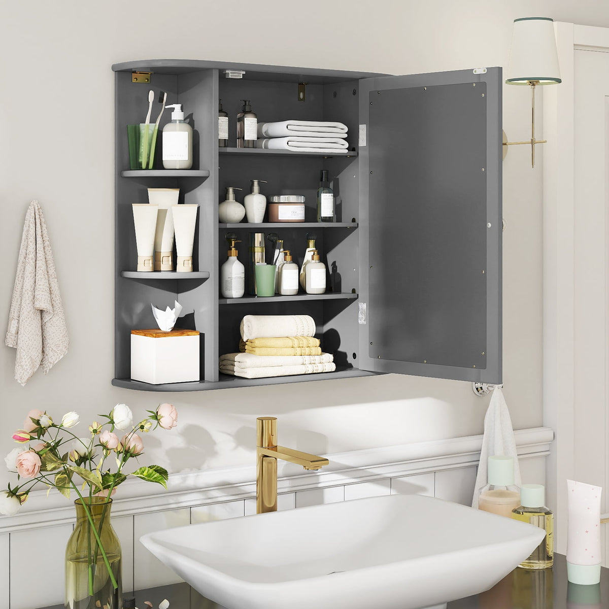 Multipurpose Mount Wall Surface Bathroom Storage Cabinet with Mirror-Gray-Wall Cabinets-DECOROLALA