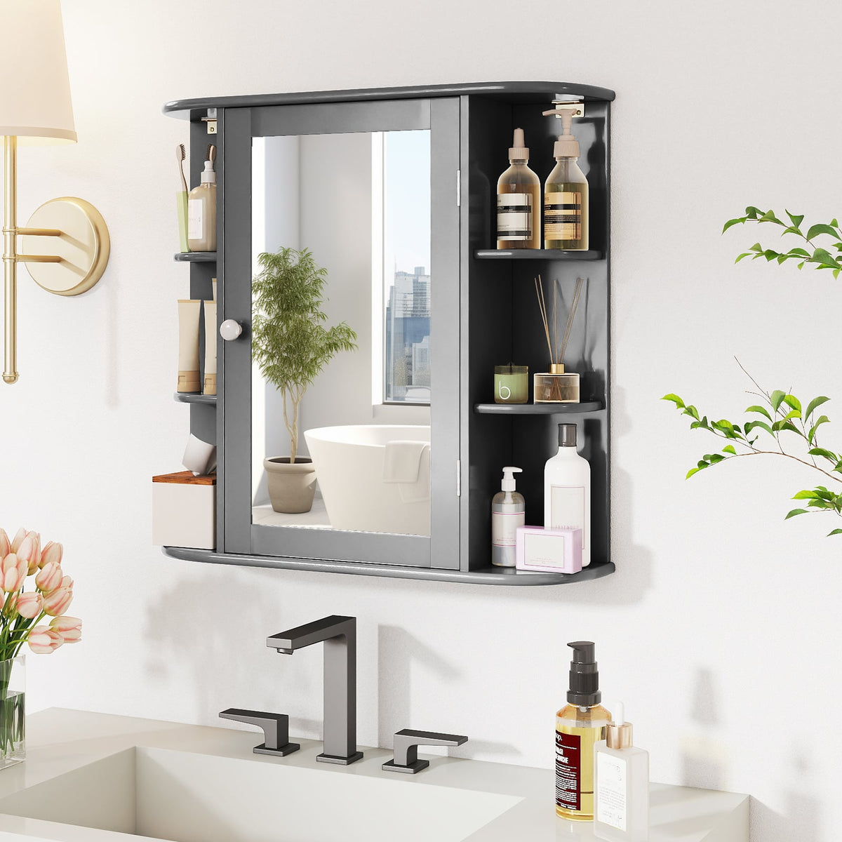 Multipurpose Mount Wall Surface Bathroom Storage Cabinet with Mirror-Gray-Wall Cabinets-DECOROLALA