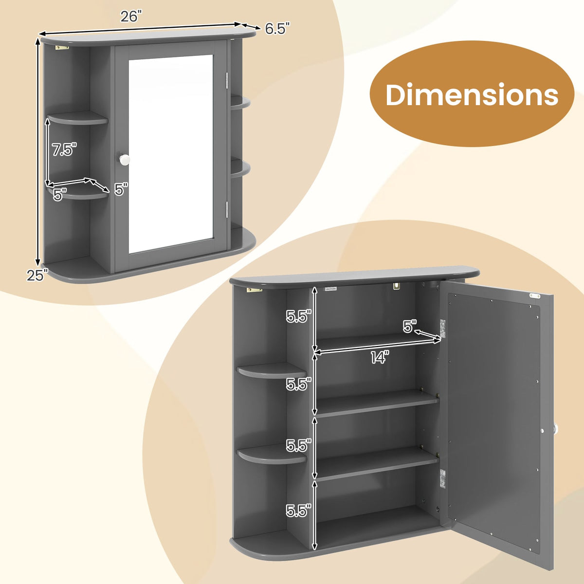 Multipurpose Mount Wall Surface Bathroom Storage Cabinet with Mirror-Gray-Wall Cabinets-DECOROLALA