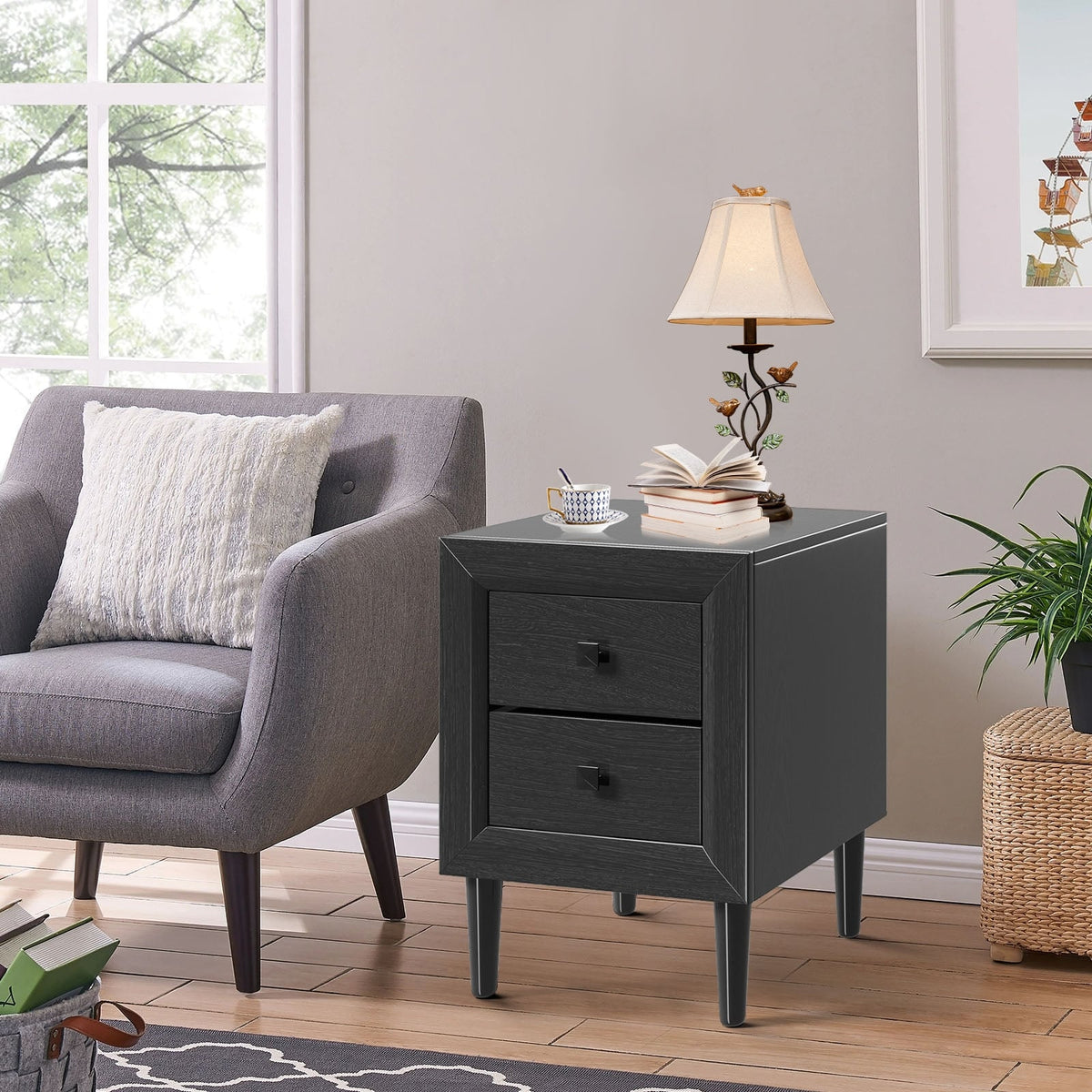 Multipurpose Retro Bedside Nightstand/ End Table with 2 Drawers-Black-Nightstands-DECOROLALA