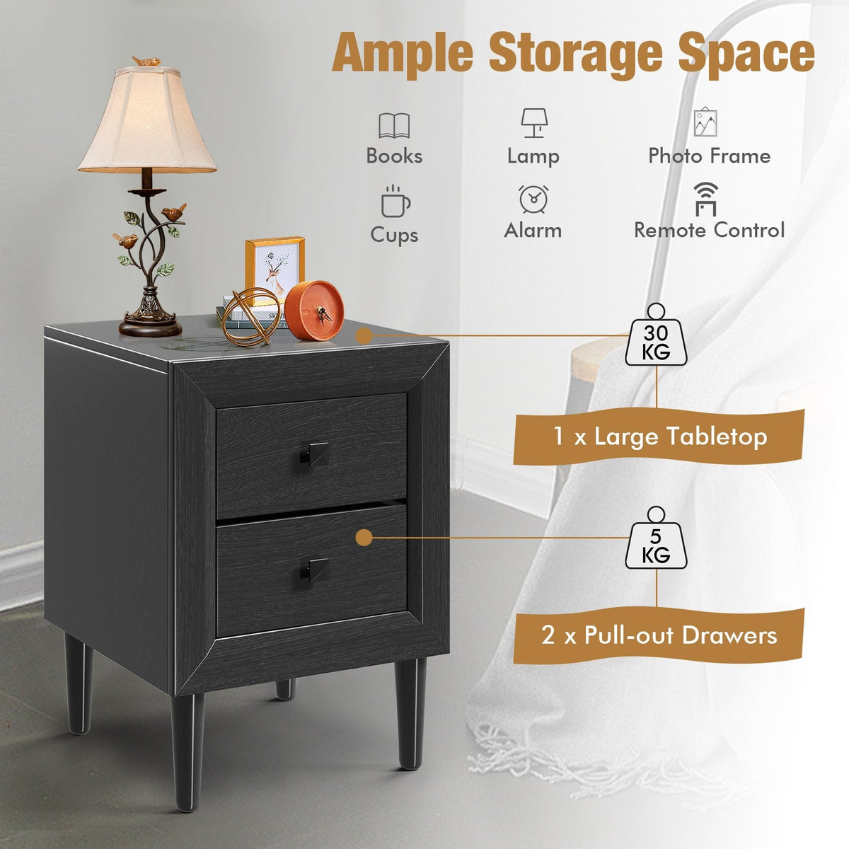 Multipurpose Retro Bedside Nightstand/ End Table with 2 Drawers-Black-Nightstands-DECOROLALA