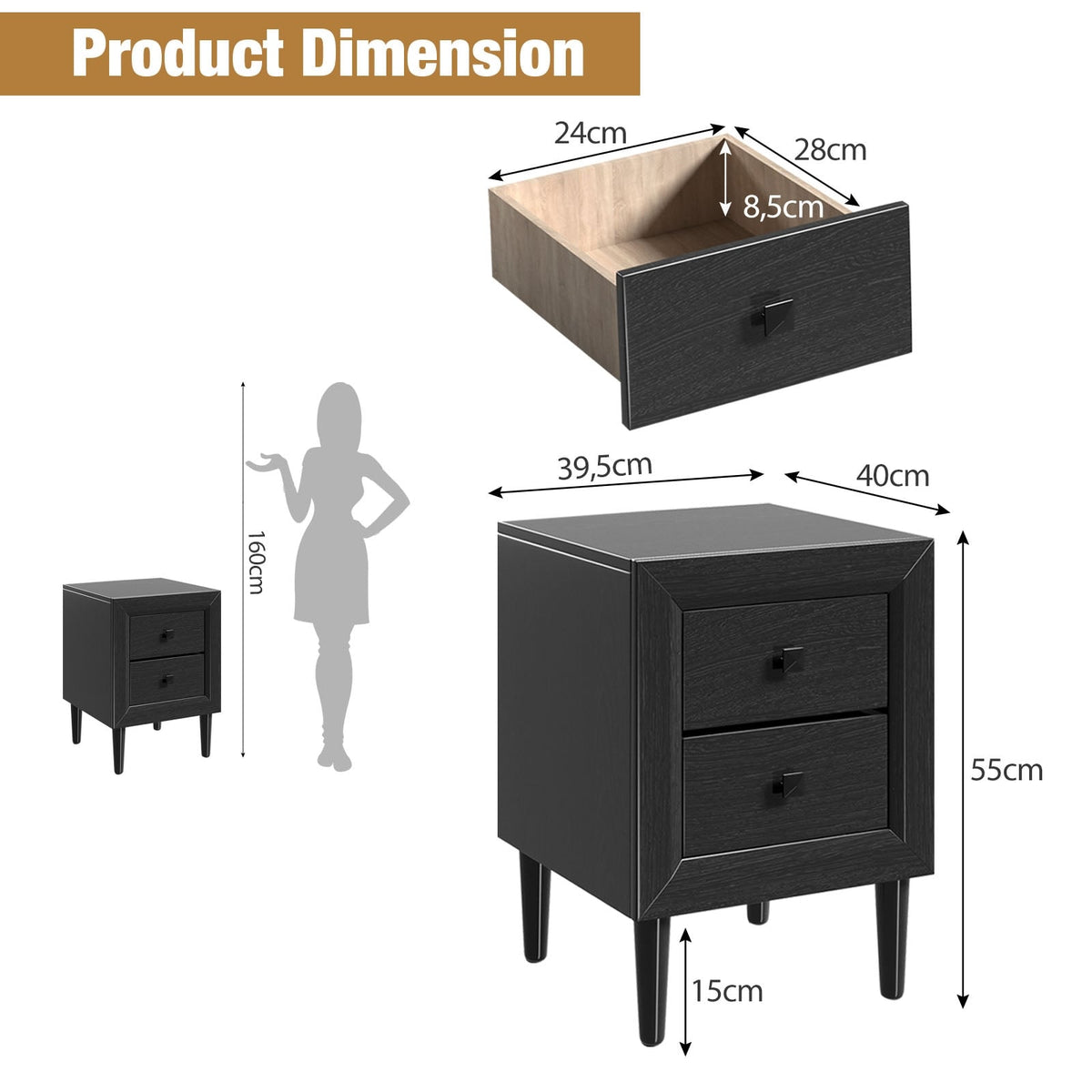 Multipurpose Retro Bedside Nightstand/ End Table with 2 Drawers-Black-Nightstands-DECOROLALA