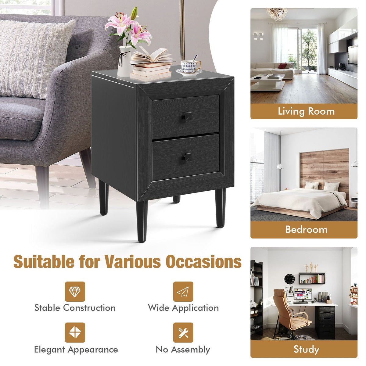 Multipurpose Retro Bedside Nightstand/ End Table with 2 Drawers-Black-Nightstands-DECOROLALA