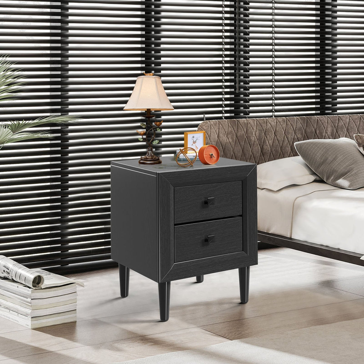 Multipurpose Retro Bedside Nightstand/ End Table with 2 Drawers-Black-Nightstands-DECOROLALA